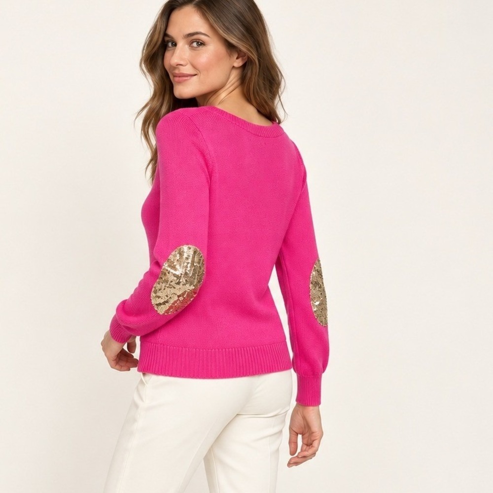 Banana Republic Womens Sweater S Pink Sequin Elbow Patch Cotton Angora Knit Top